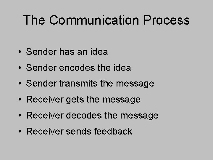 The Communication Process • Sender has an idea • Sender encodes the idea •