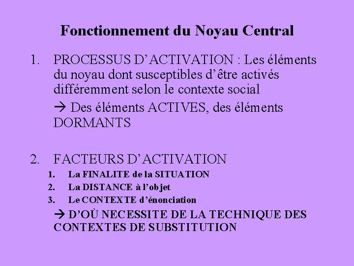 Fonctionnement du Noyau Central 1. PROCESSUS D’ACTIVATION : Les éléments du noyau dont susceptibles