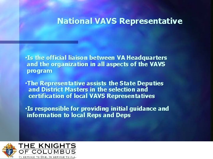 National VAVS Representative • Is the official liaison between VA Headquarters and the organization