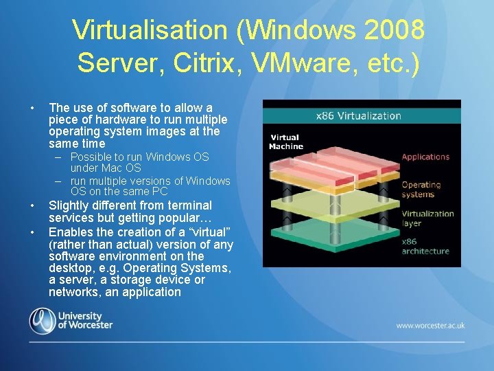 Virtualisation (Windows 2008 Server, Citrix, VMware, etc. ) • The use of software to