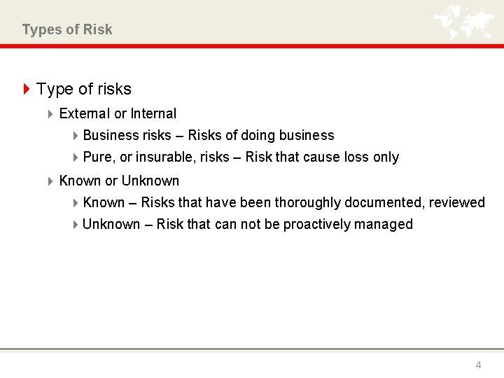 Types of Risk 4 Type of risks 4 External or Internal 4 Business risks