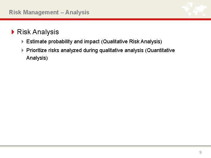 Risk Management – Analysis 4 Risk Analysis 4 Estimate probability and impact (Qualitative Risk