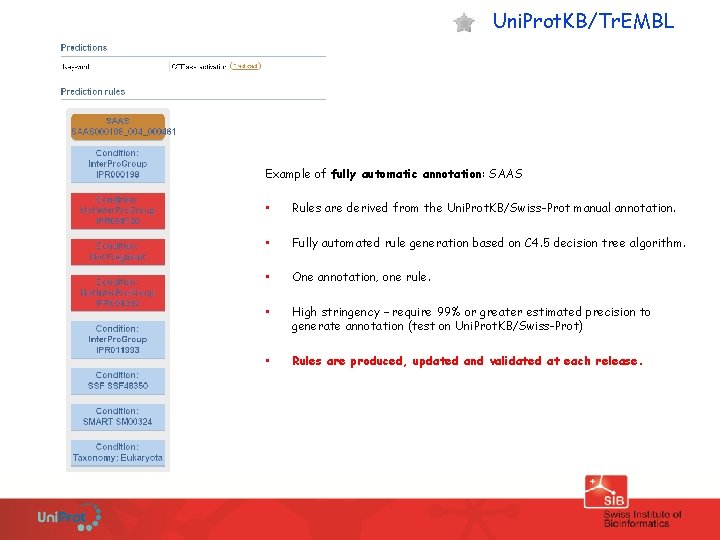 Uni. Prot. KB/Tr. EMBL Example of fully automatic annotation: SAAS • Rules are derived