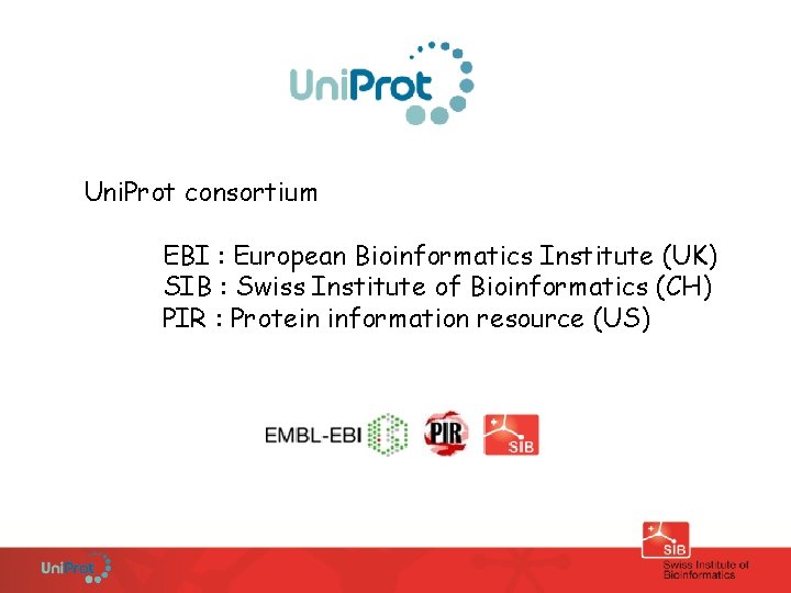 Uni. Prot consortium EBI : European Bioinformatics Institute (UK) SIB : Swiss Institute of