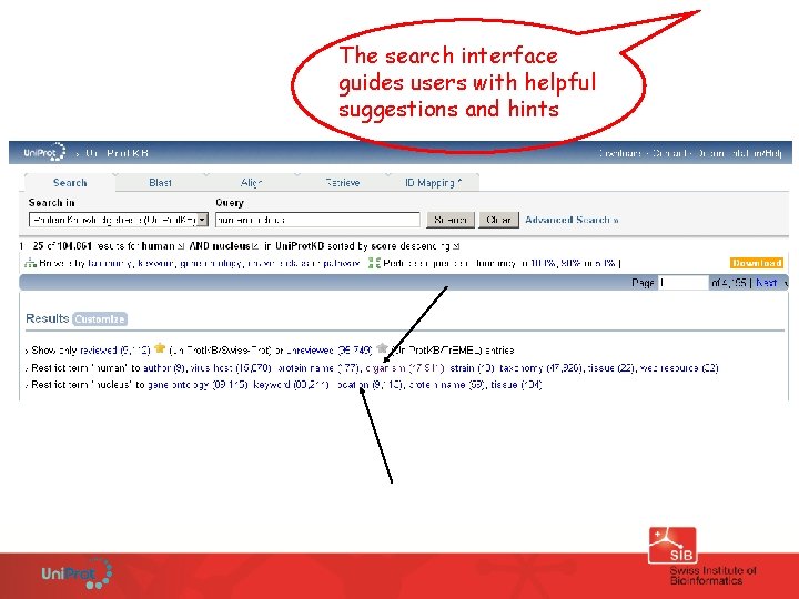 The search interface guides users with helpful suggestions and hints 