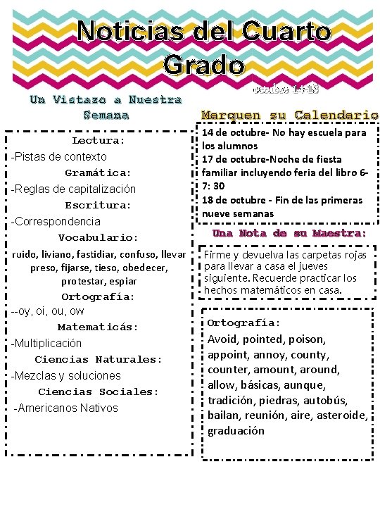 Noticias Agosto del 27 -31 Cuarto Grado Un Vistazo a Nuestra Semana Lectura: -Pistas