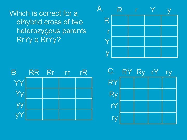 Which is correct for a dihybrid cross of two heterozygous parents Rr. Yy x