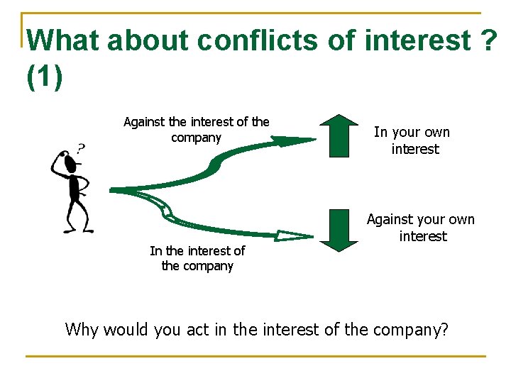 What about conflicts of interest ? (1) Against the interest of the company In