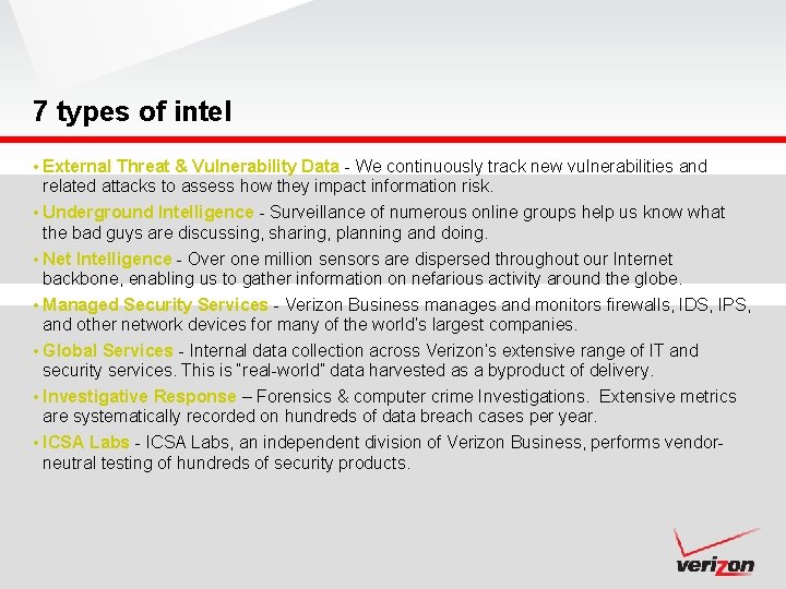 7 types of intel • External Threat & Vulnerability Data - We continuously track