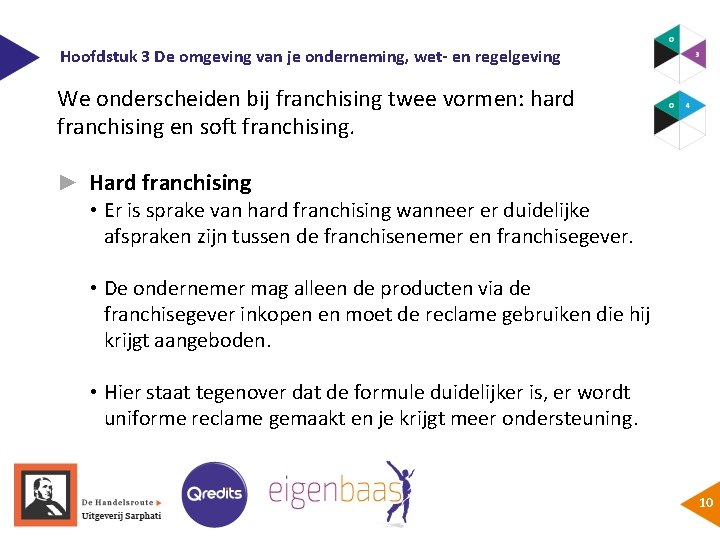 Hoofdstuk 3 De omgeving van je onderneming, wet- en regelgeving We onderscheiden bij franchising