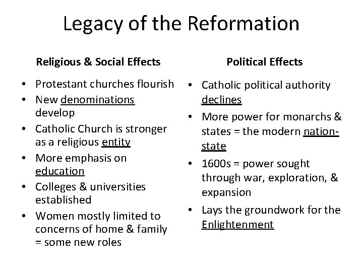 Legacy of the Reformation Religious & Social Effects Political Effects • Protestant churches flourish