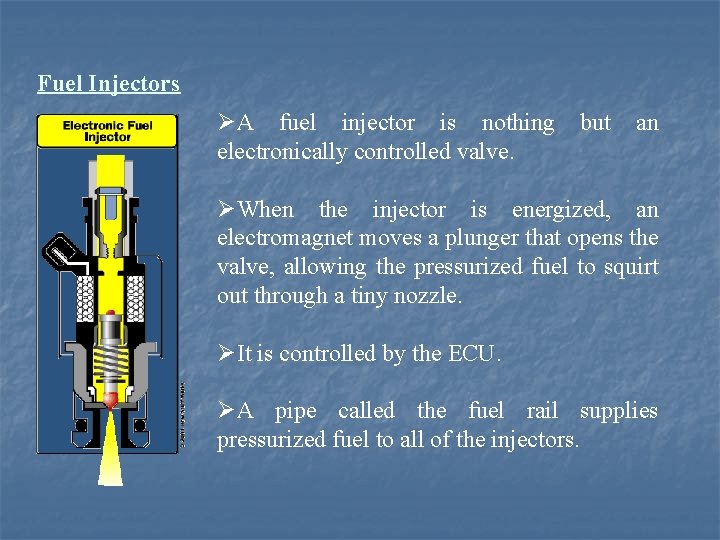 Fuel Injectors ØA fuel injector is nothing electronically controlled valve. but an ØWhen the