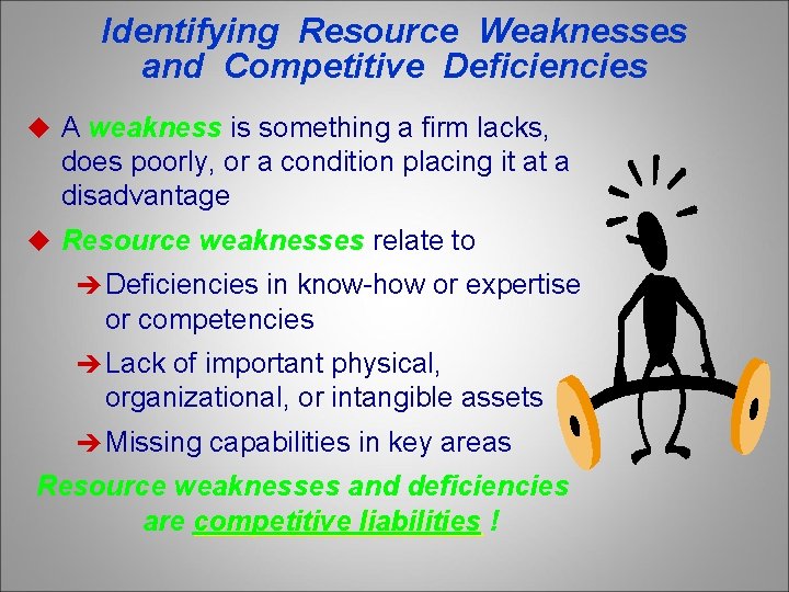 Identifying Resource Weaknesses and Competitive Deficiencies u A weakness is something a firm lacks,