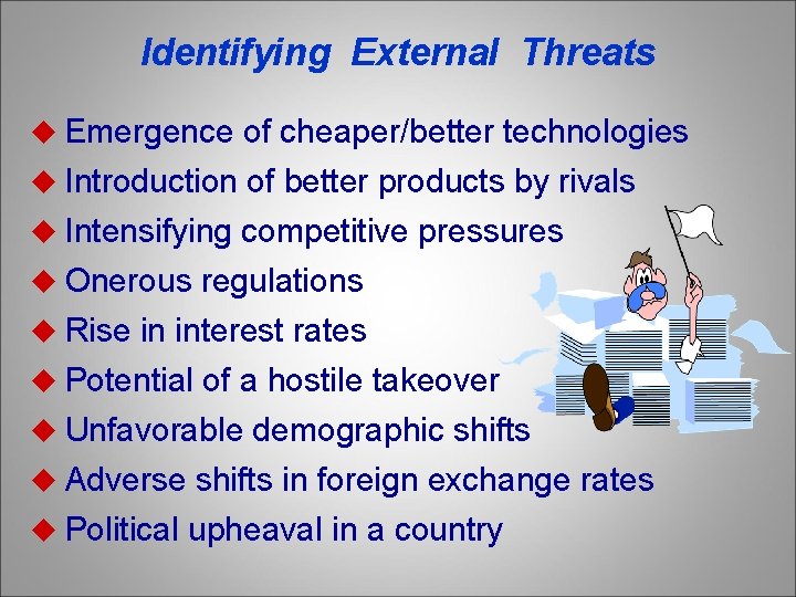 Identifying External Threats u Emergence of cheaper/better technologies u Introduction of better products by