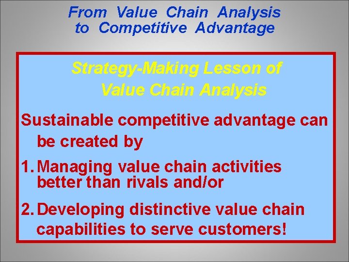 From Value Chain Analysis to Competitive Advantage Strategy-Making Lesson of Value Chain Analysis Sustainable