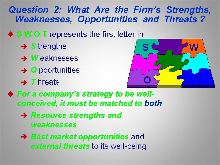 Question 2: What Are the Firm’s Strengths, Weaknesses, Opportunities and Threats ? u S