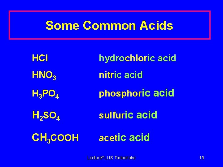 Some Common Acids HCl hydrochloric acid HNO 3 nitric acid H 3 PO 4