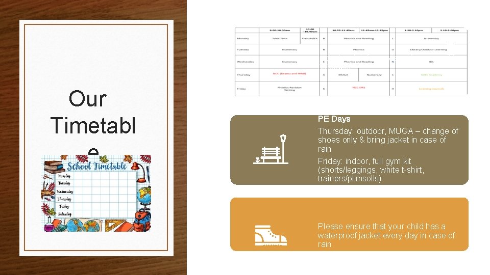 Include a brief overview of your weekly timetable Our Timetabl e PE Days Thursday:
