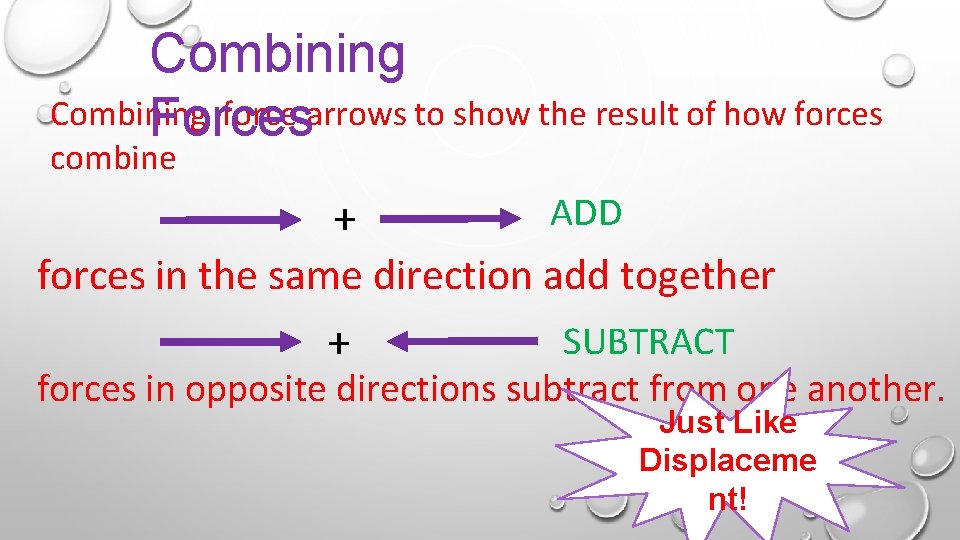 Combining force arrows to show the result of how forces Forces combine ADD +