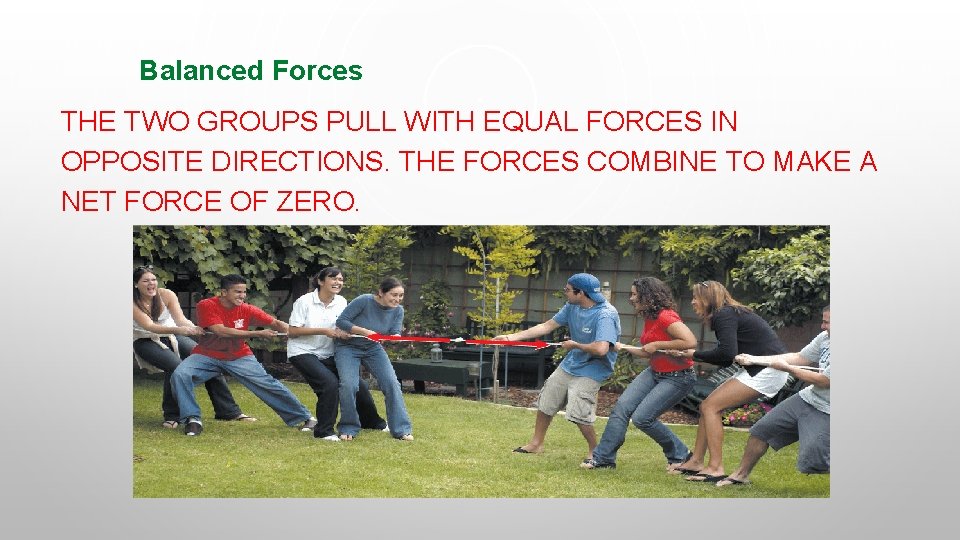 Balanced Forces THE TWO GROUPS PULL WITH EQUAL FORCES IN OPPOSITE DIRECTIONS. THE FORCES