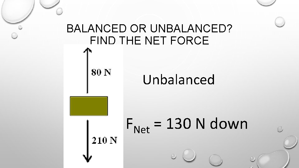 BALANCED OR UNBALANCED? FIND THE NET FORCE Unbalanced FNet = 130 N down 