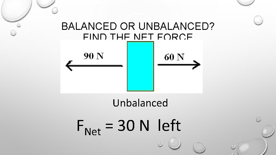 BALANCED OR UNBALANCED? FIND THE NET FORCE Unbalanced FNet = 30 N left 