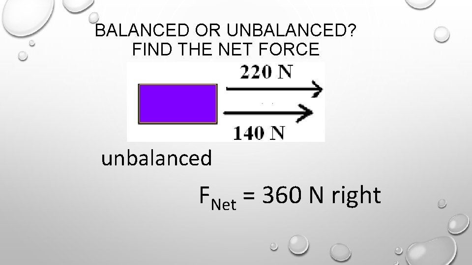 BALANCED OR UNBALANCED? FIND THE NET FORCE unbalanced FNet = 360 N right 