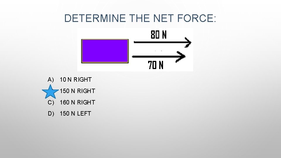 DETERMINE THE NET FORCE: A) 10 N RIGHT B) 150 N RIGHT C) 160