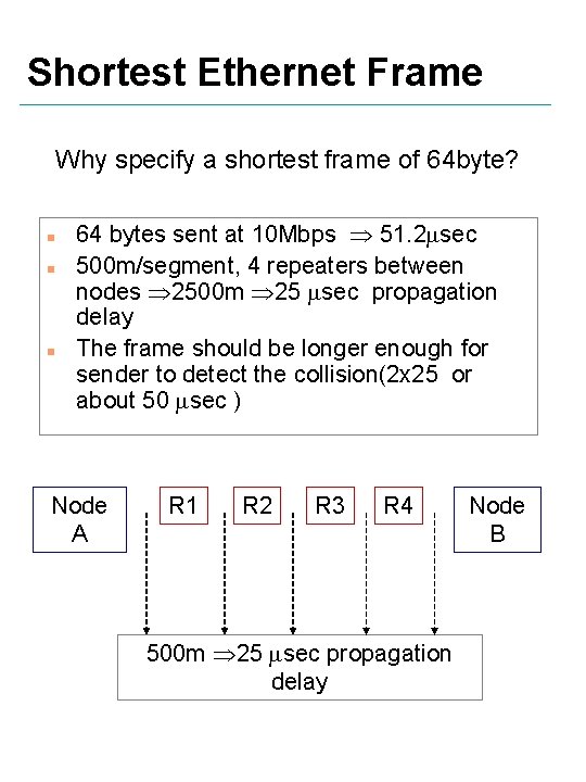 Shortest Ethernet Frame Why specify a shortest frame of 64 byte? n n n