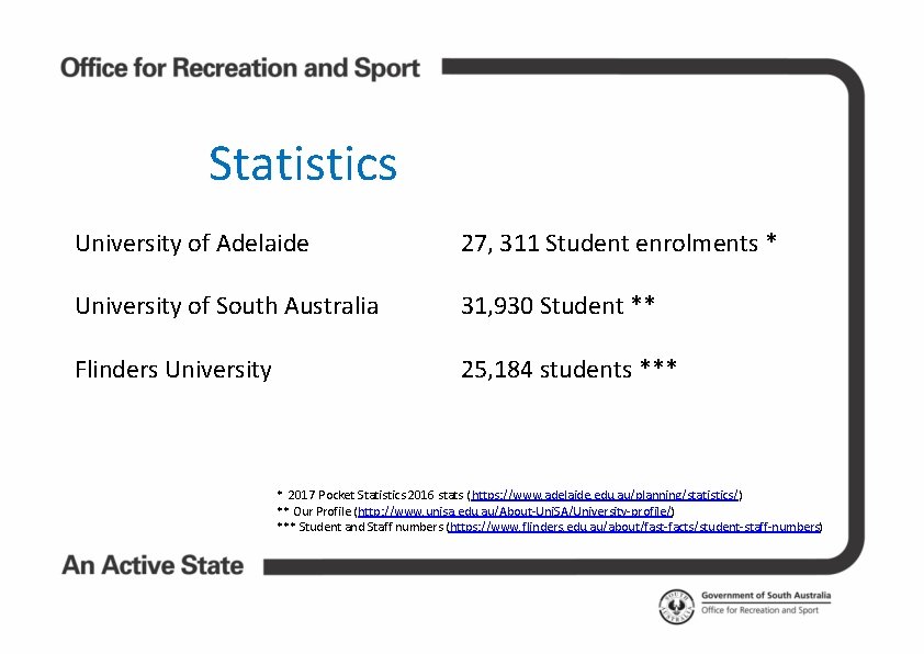 Statistics University of Adelaide 27, 311 Student enrolments * University of South Australia 31,