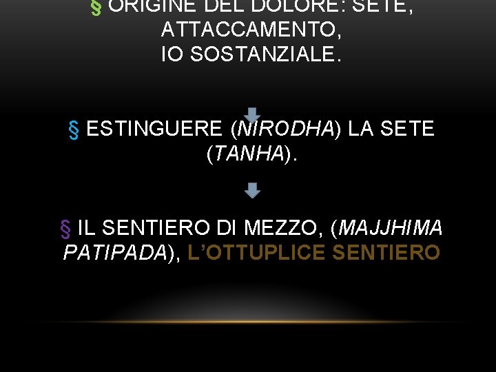 § ORIGINE DEL DOLORE: SETE, ATTACCAMENTO, IO SOSTANZIALE. § ESTINGUERE (NIRODHA) LA SETE (TANHA).