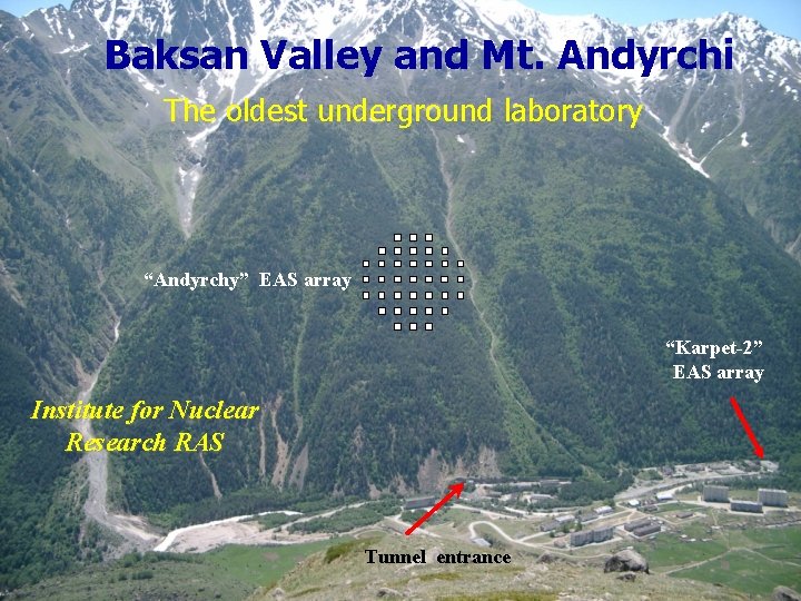 Baksan Valley and Mt. Andyrchi The oldest underground laboratory “Andyrchy” EAS array “Karpet-2” EAS