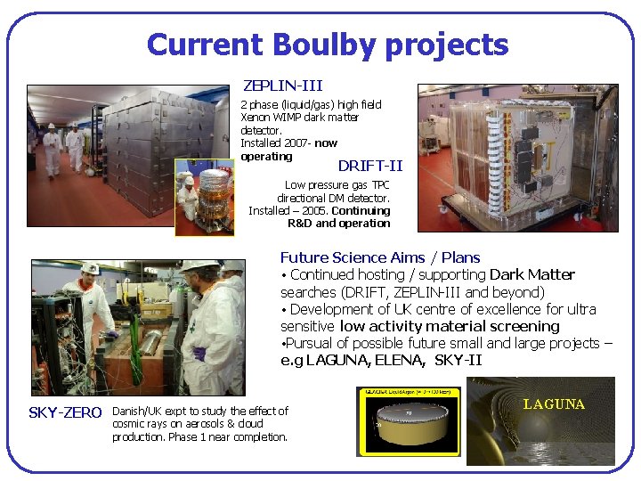 Current Boulby projects ZEPLIN-III 2 phase (liquid/gas) high field Xenon WIMP dark matter detector.