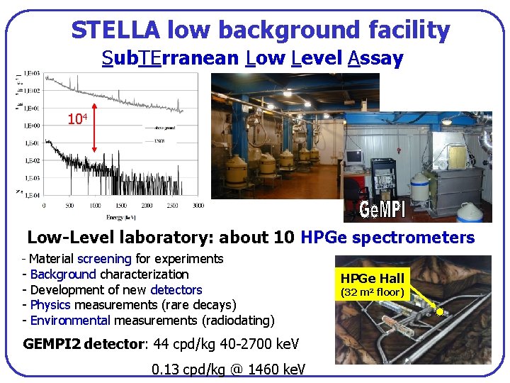 STELLA low background facility Sub. TErranean Low Level Assay 104 Low-Level laboratory: about 10