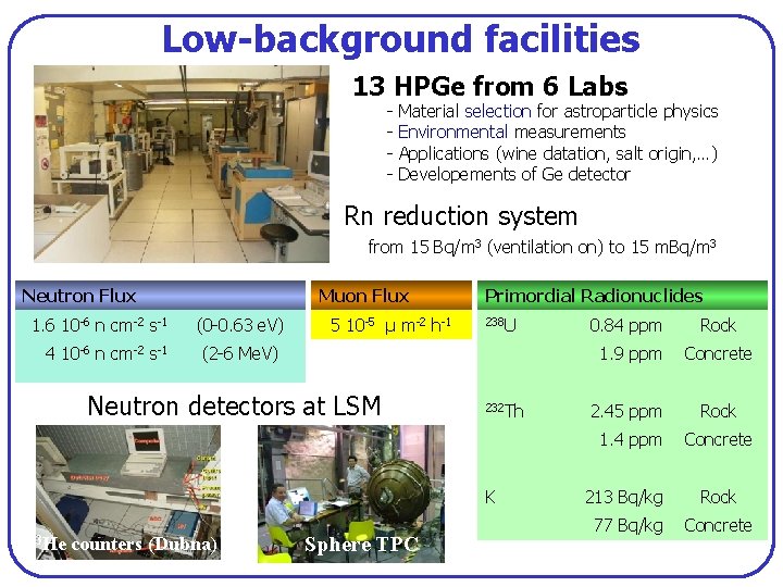 Low-background facilities 13 HPGe from 6 Labs - Material selection for astroparticle physics Environmental