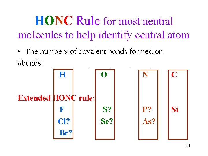HONC Rule for most neutral molecules to help identify central atom • The numbers