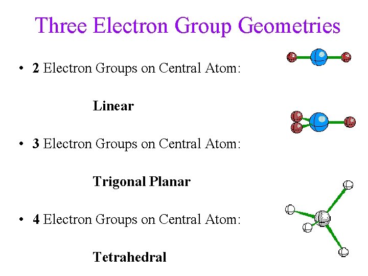 Three Electron Group Geometries • 2 Electron Groups on Central Atom: Linear • 3