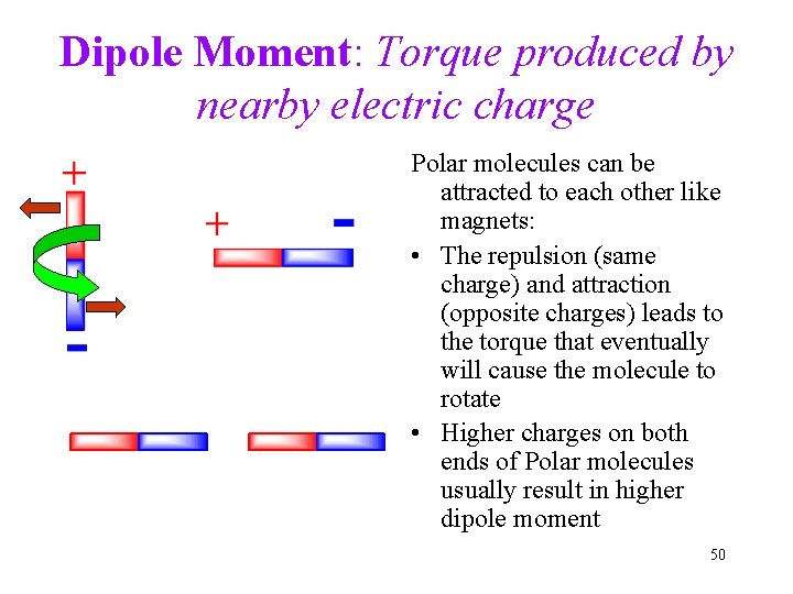 Dipole Moment: Torque produced by nearby electric charge Polar molecules can be attracted to