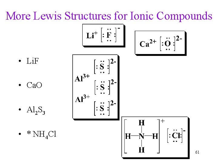 More Lewis Structures for Ionic Compounds • Li. F • Ca. O • Al