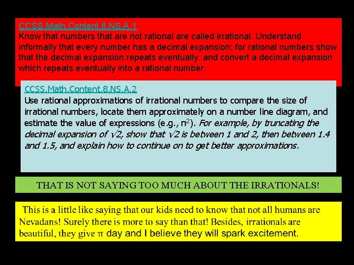 CCSS. Math. Content. 8. NS. A. 1 Know that numbers that are not rational