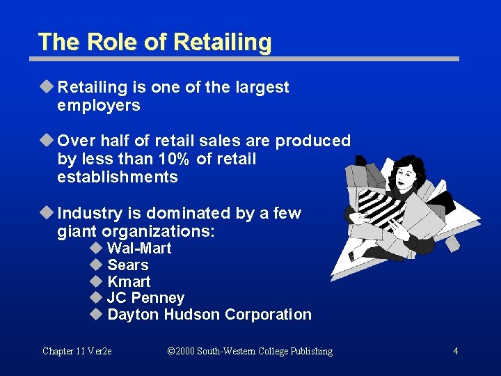 The Role of Retailing u Retailing is one of the largest employers u Over