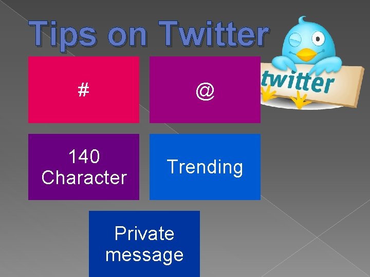 Tips on Twitter # @ 140 Character Trending Private message 