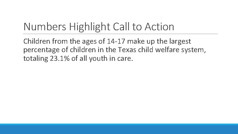 Numbers Highlight Call to Action Children from the ages of 14 -17 make up