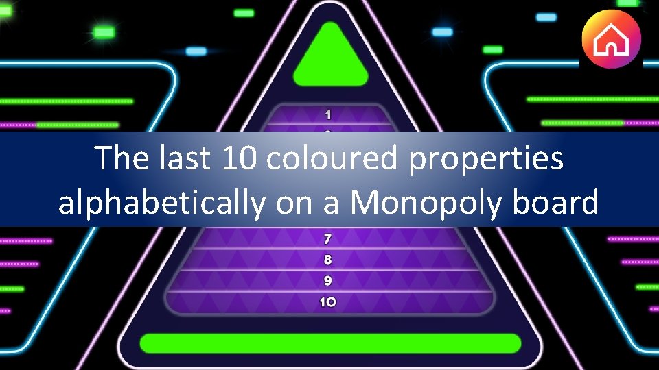 The last 10 coloured properties alphabetically on a Monopoly board 