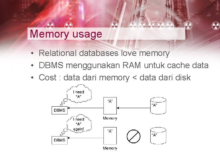 Memory usage • Relational databases love memory • DBMS menggunakan RAM untuk cache data