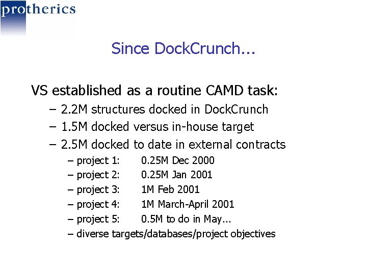 Since Dock. Crunch. . . VS established as a routine CAMD task: – 2.