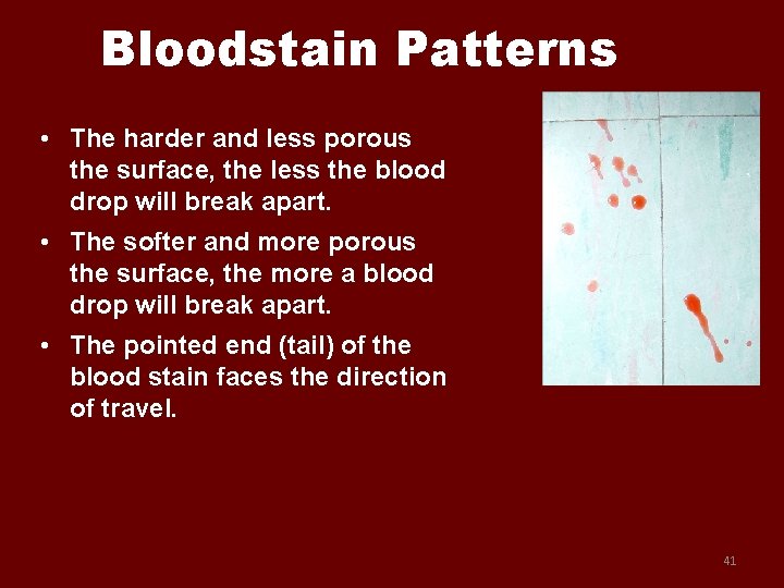 Bloodstain Patterns • The harder and less porous the surface, the less the blood