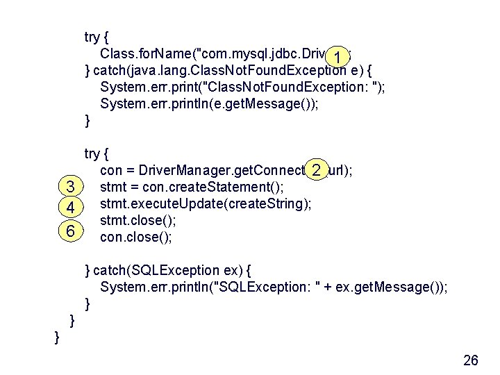 try { Class. for. Name("com. mysql. jdbc. Driver"); 1 } catch(java. lang. Class. Not.