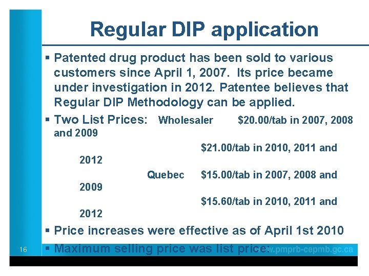 Regular DIP application § Patented drug product has been sold to various customers since