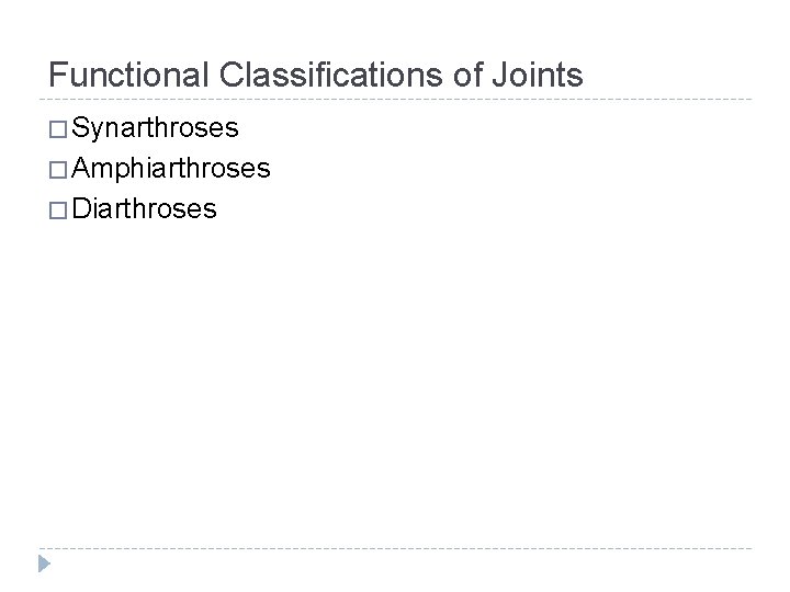 Functional Classifications of Joints � Synarthroses � Amphiarthroses � Diarthroses 